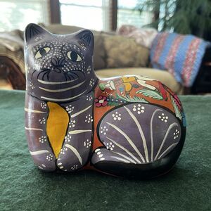 Mexican Folk Art Lavender Cat  Hand Painted Figurine Terra Cotta Clay Pottery